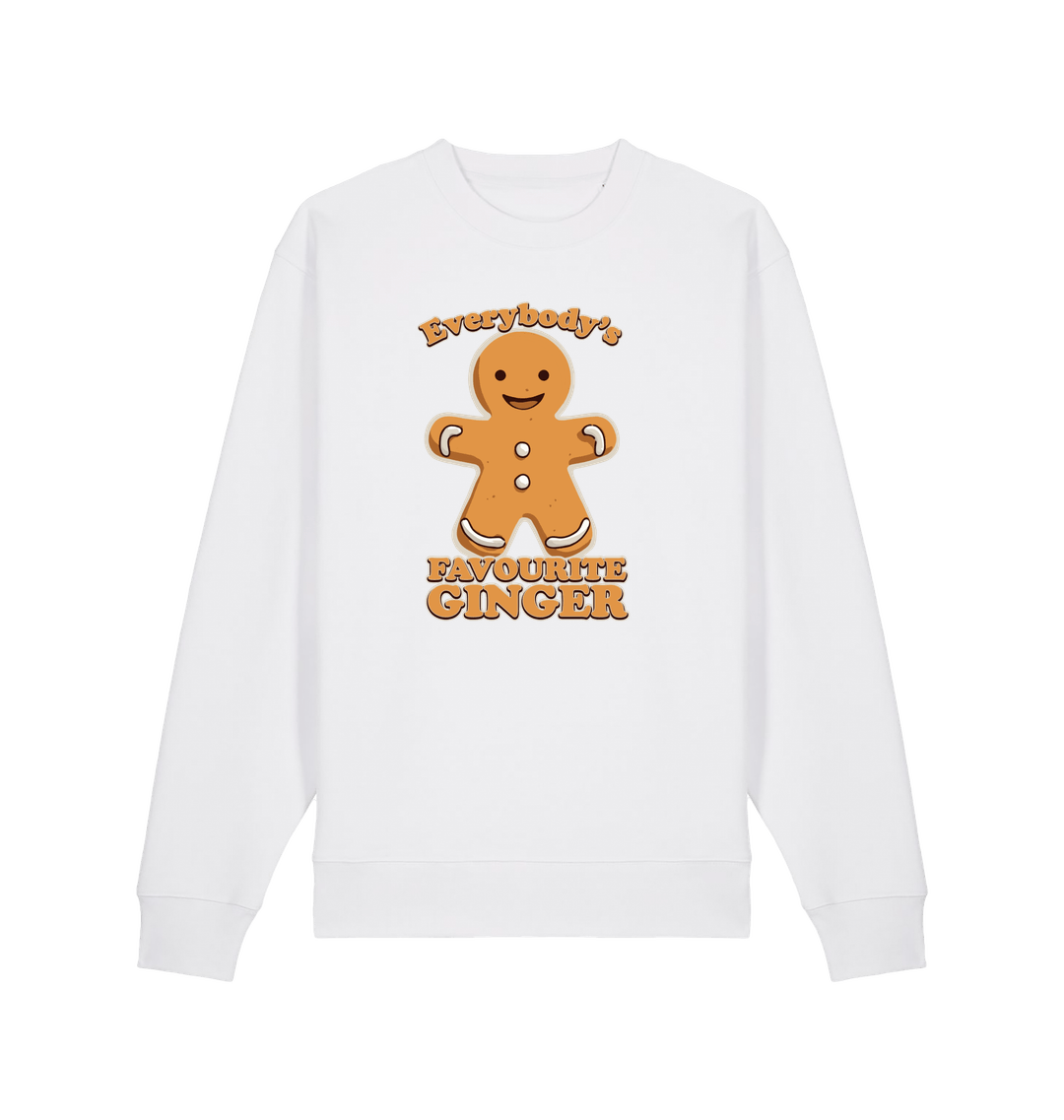 white christmas sweater with the graphic of a gingerbread man and the slogan 'everybody's favourite ginger'