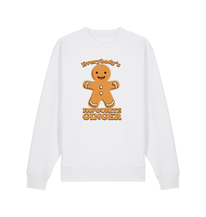 white christmas sweater with the graphic of a gingerbread man and the slogan 'everybody's favourite ginger'