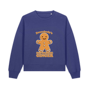 blue christmas sweater with the graphic of a gingerbread man and the slogan 'everybodys favourite ginger'