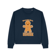 navy christmas sweater with the graphic of a gingerbread man and the slogan 'everybodys favourite ginger'