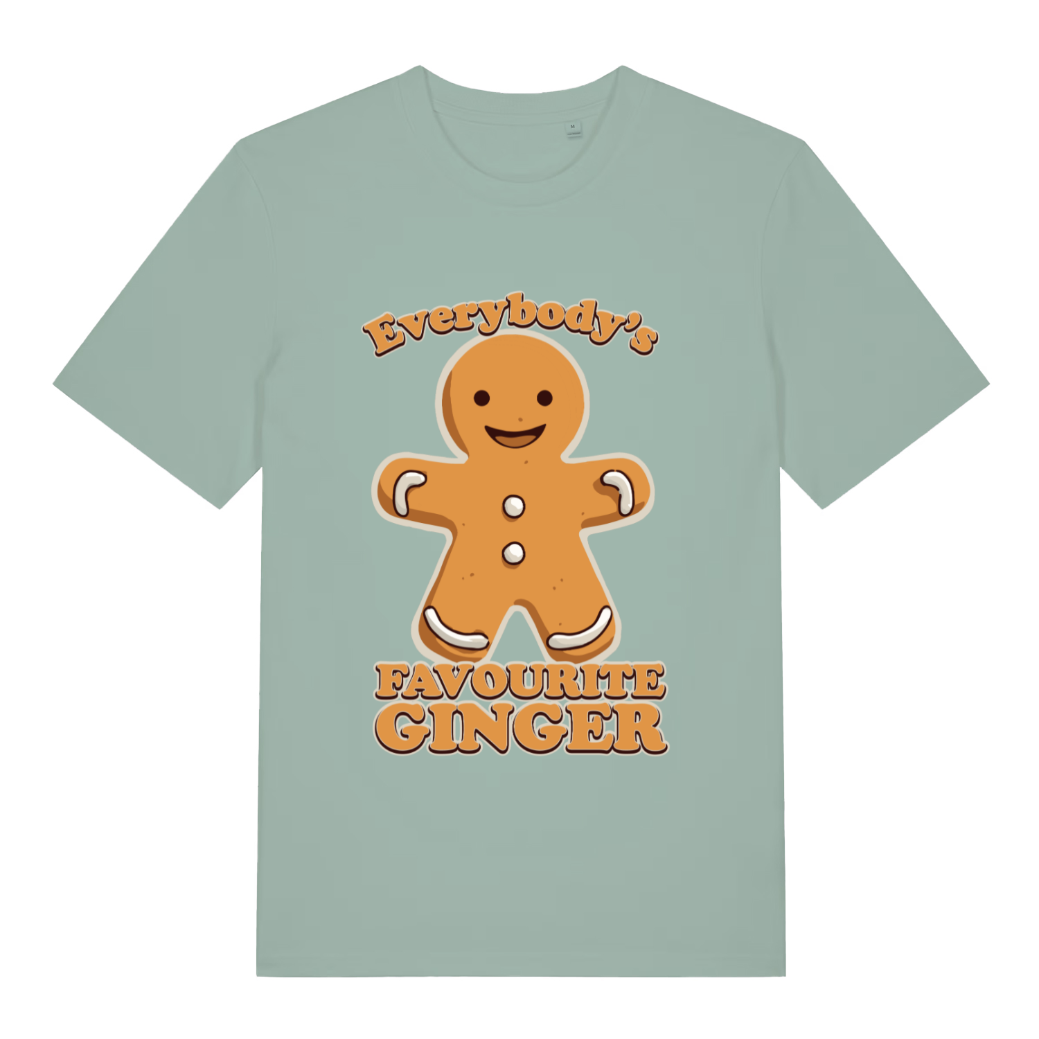 Aloe women's Everybody's Favourite Ginger T-shirt flat lay with smiling gingerbread man graphic