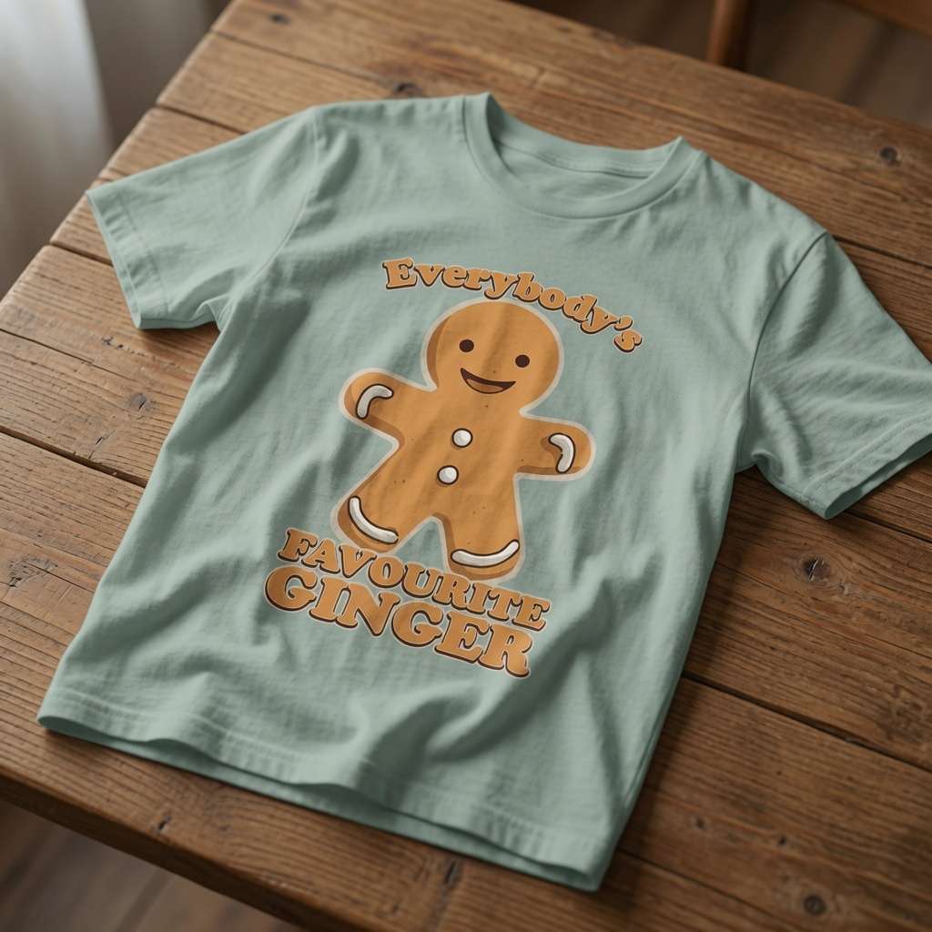 Aloe Everybody’s Favourite Ginger t-shirt on wood featuring smiling gingerbread man, fun witty graphic