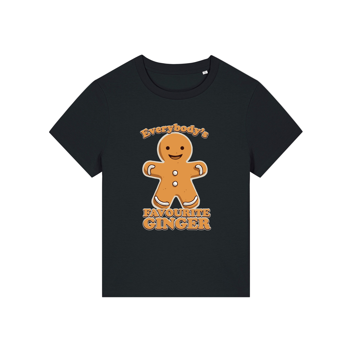 black christmas graphic t-shirt with a gingerbread man and the slogan 'everybody's favourite ginger'