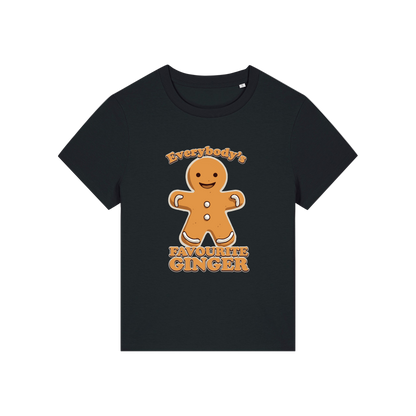 black christmas graphic t-shirt with a gingerbread man and the slogan 'everybody's favourite ginger'