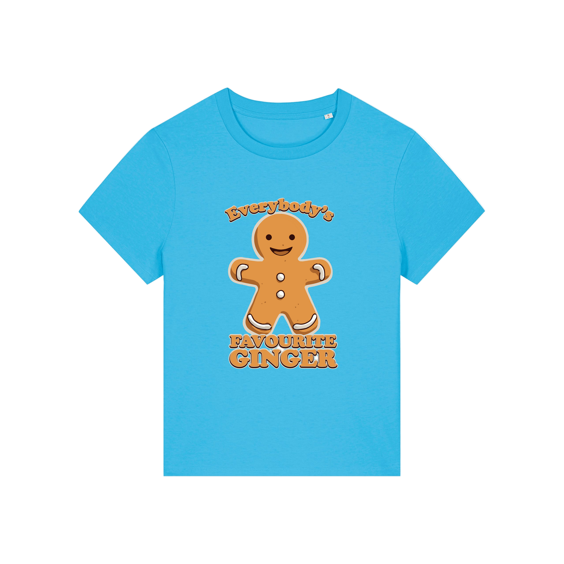 blue christmas graphic t-shirt with a gingerbread man and the slogan 'everybody's favourite ginger'