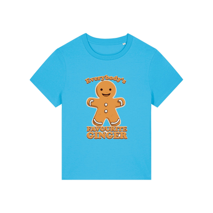 blue christmas graphic t-shirt with a gingerbread man and the slogan 'everybody's favourite ginger'