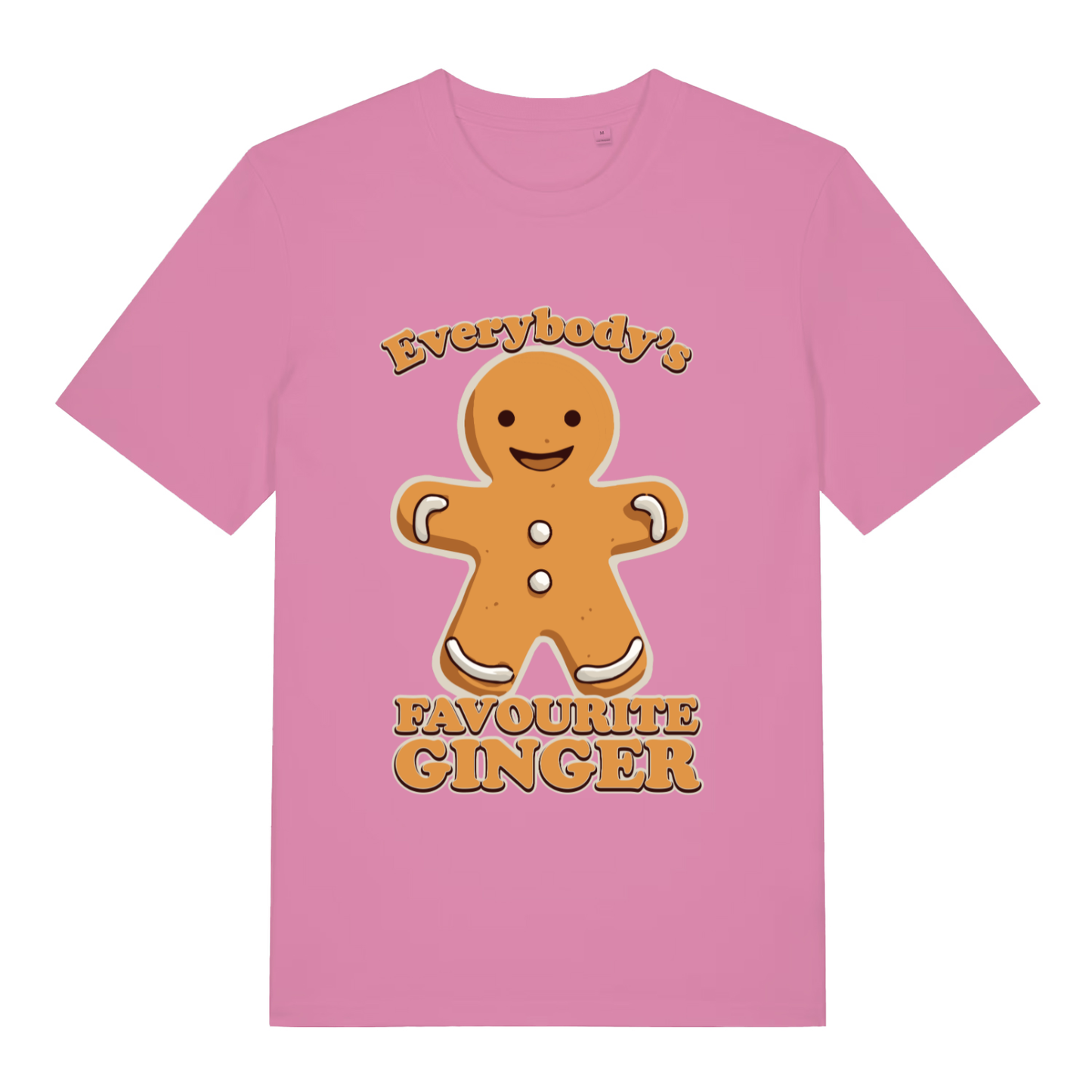 Bubble Pink women's Everybody's Favourite Ginger T-shirt flat lay featuring cute festive gingerbread design