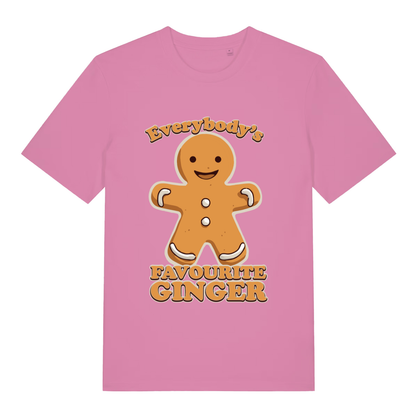 Bubble Pink women's Everybody's Favourite Ginger T-shirt flat lay featuring cute festive gingerbread design