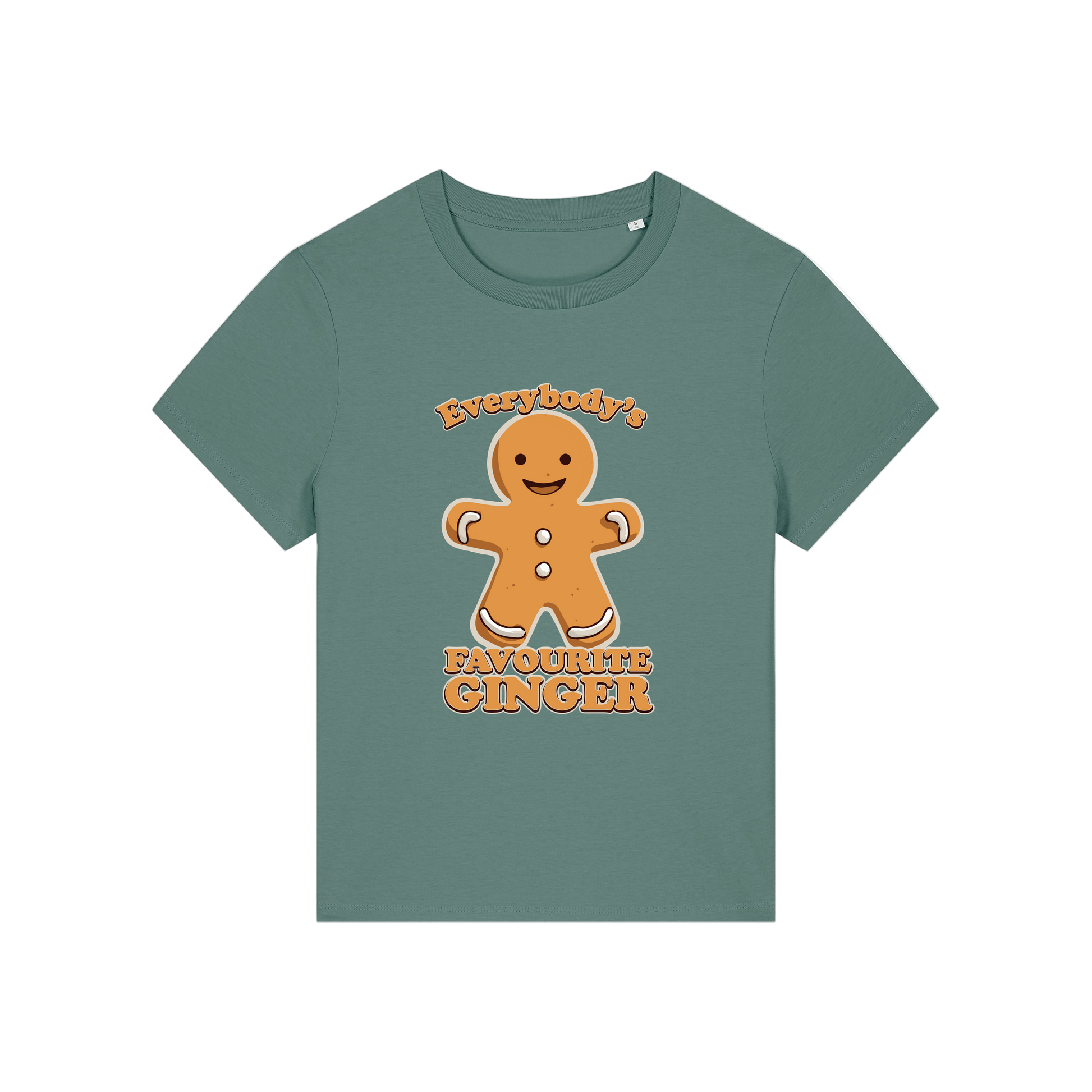 green christmas graphic t-shirt with a gingerbread man and the slogan 'everybody's favourite ginger'