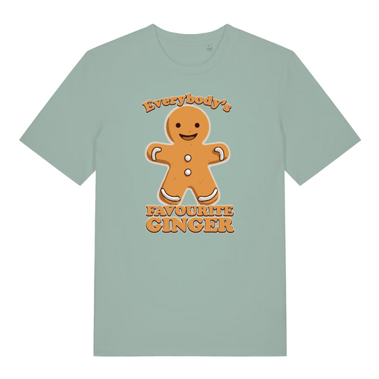 green women's christmast-shirt with the graphic of a gingerbread man and the slogan 'everybody's favourite ginger'