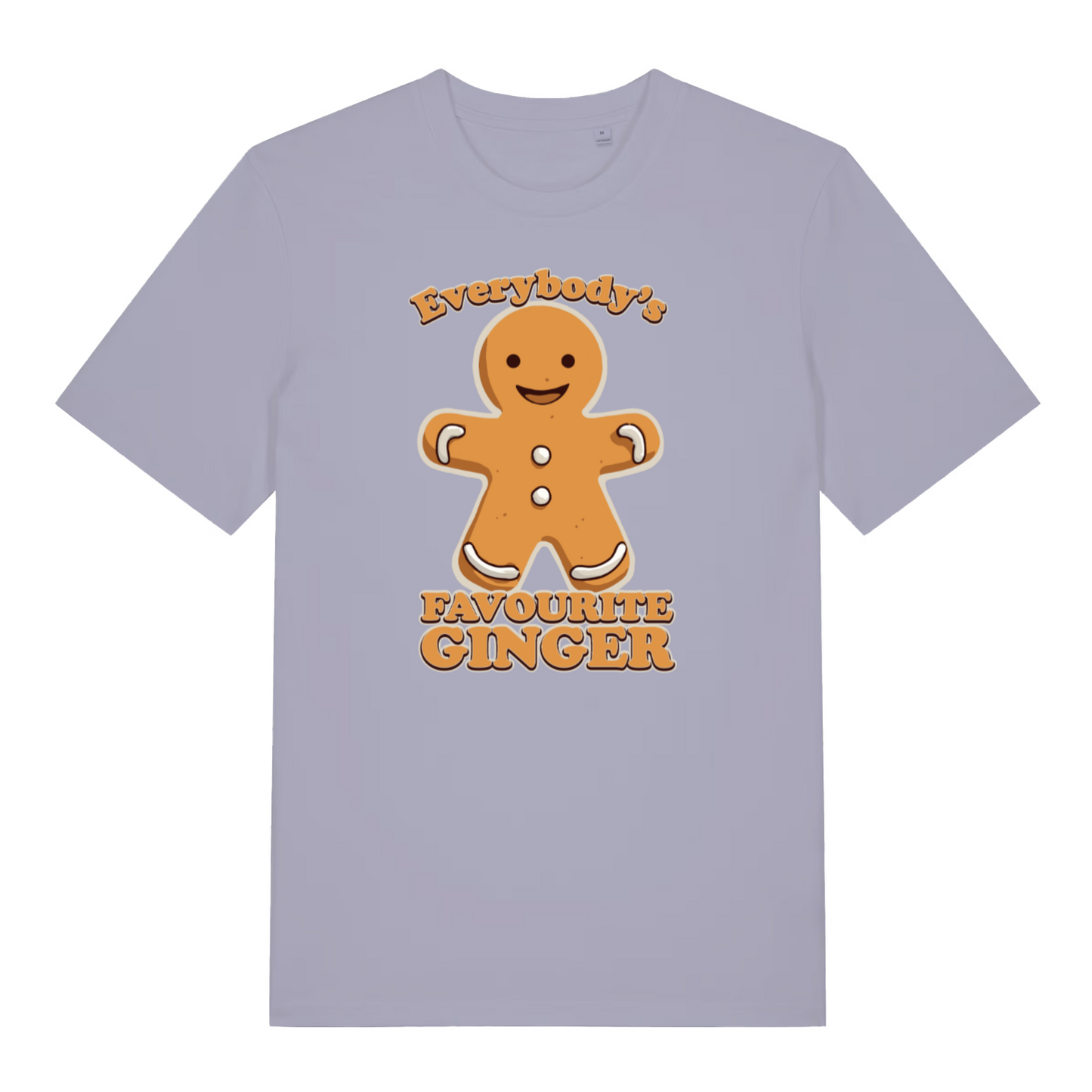 lavender women's christmast-shirt with the graphic of a gingerbread man and the slogan 'everybody's favourite ginger'