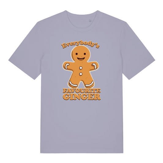 lavender women's christmast-shirt with the graphic of a gingerbread man and the slogan 'everybody's favourite ginger'