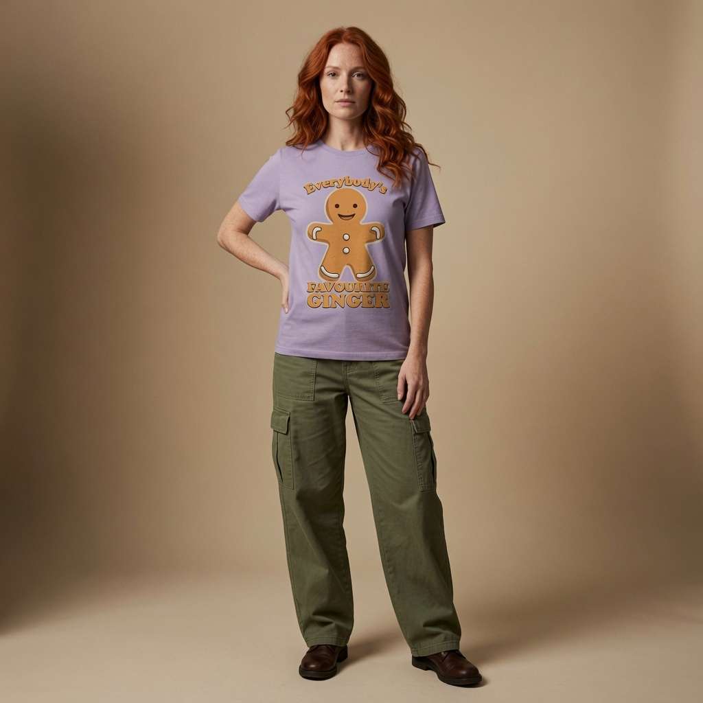 Red-haired woman standing with hand on hip in lavender Everybody’s Favourite Ginger tee, fun cheeky gingerbread graphic