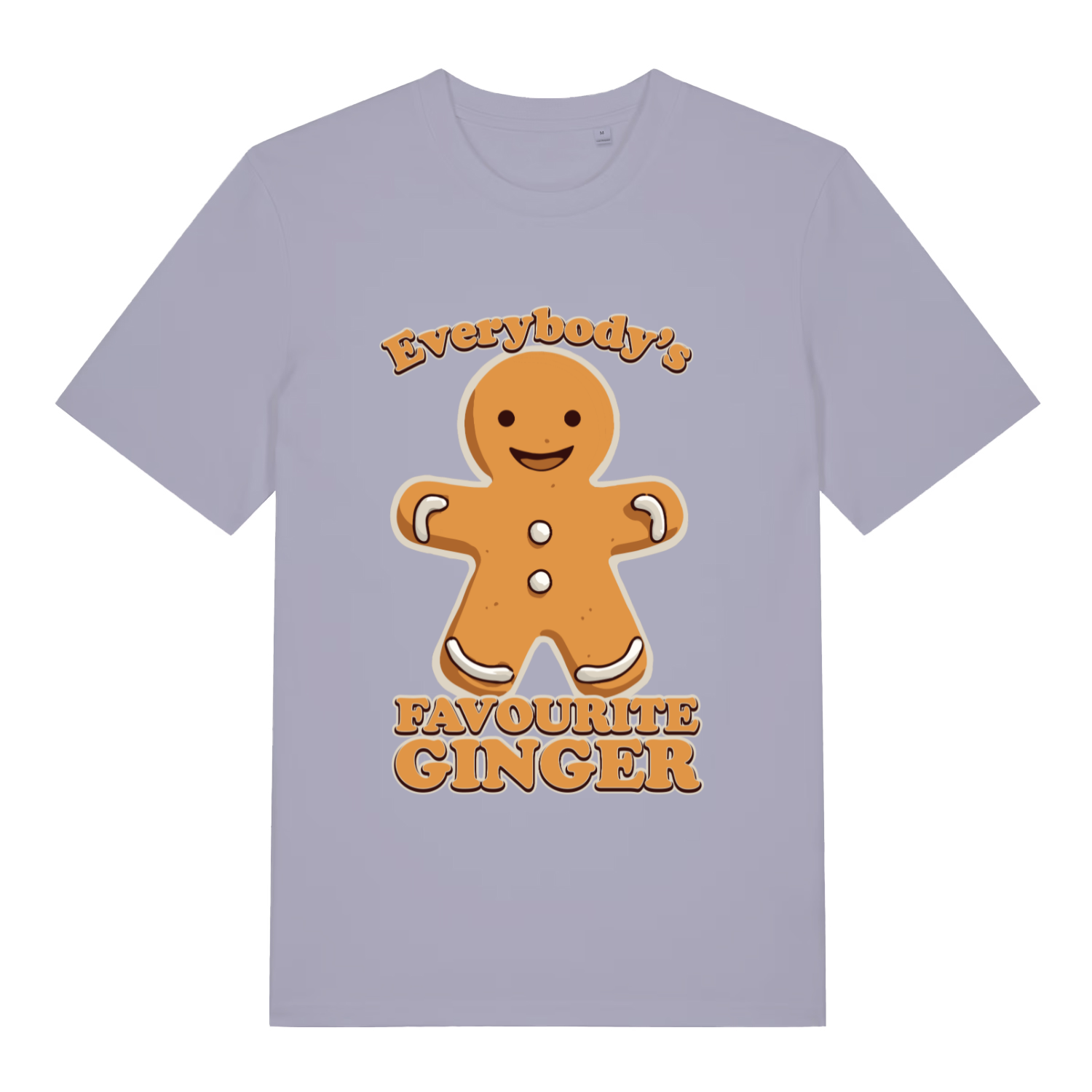 Lavender women's Everybody's Favourite Ginger T-shirt flat lay with cheerful gingerbread man Christmas graphic