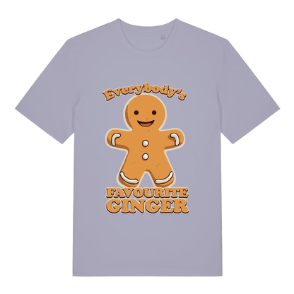 Lavender women's Everybody's Favourite Ginger T-shirt flat lay with cheerful gingerbread man Christmas graphic