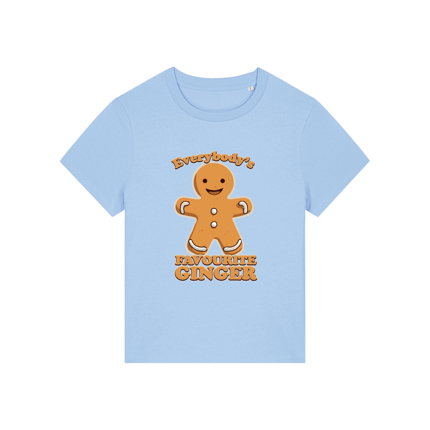 light blue christmas graphic t-shirt with a gingerbread man and the slogan 'everybody's favourite ginger'