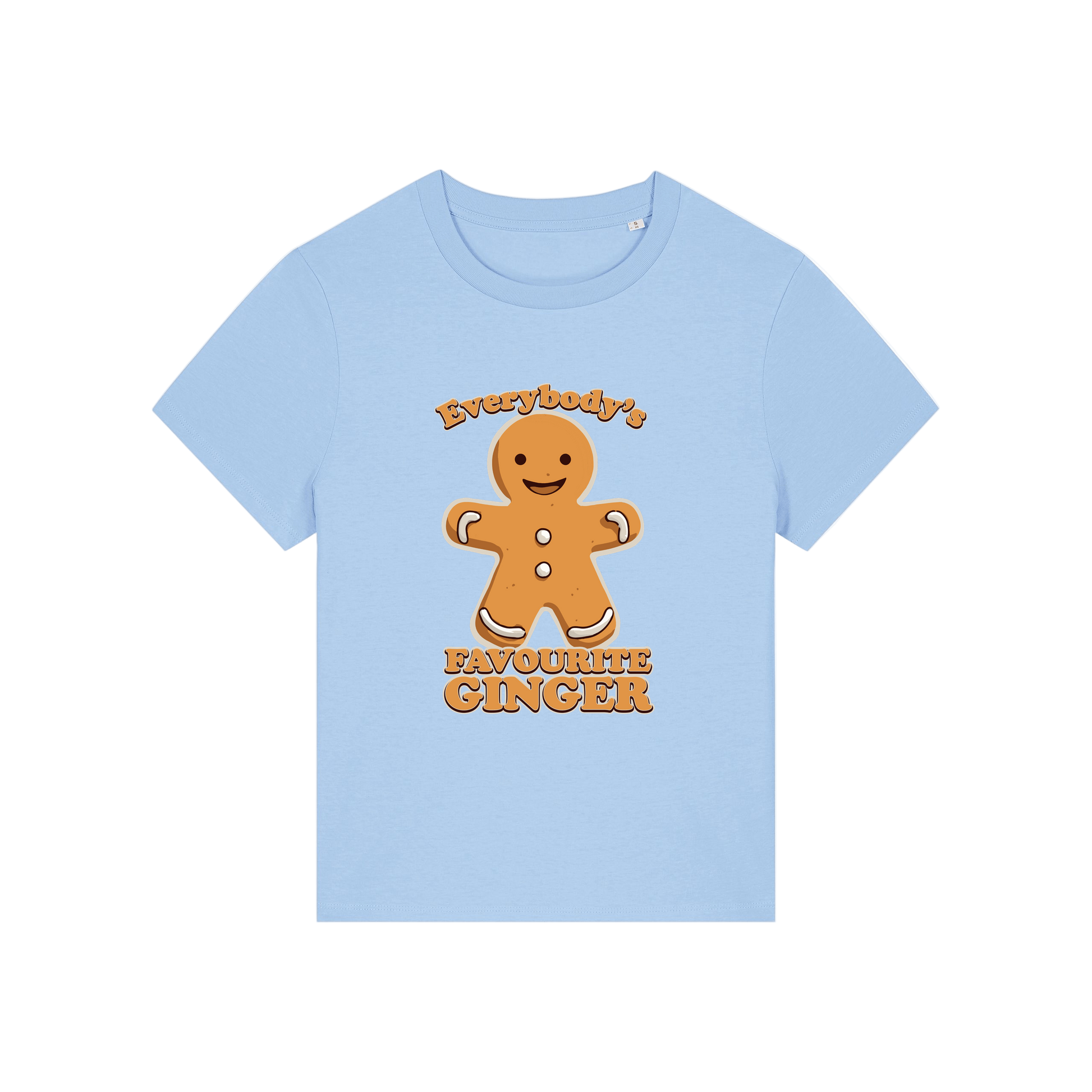 light blue christmas graphic t-shirt with a gingerbread man and the slogan 'everybody's favourite ginger'