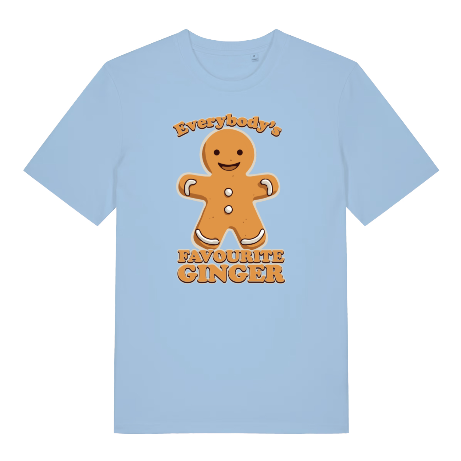 light blue women's christmast-shirt with the graphic of a gingerbread man and the slogan 'everybody's favourite ginger'