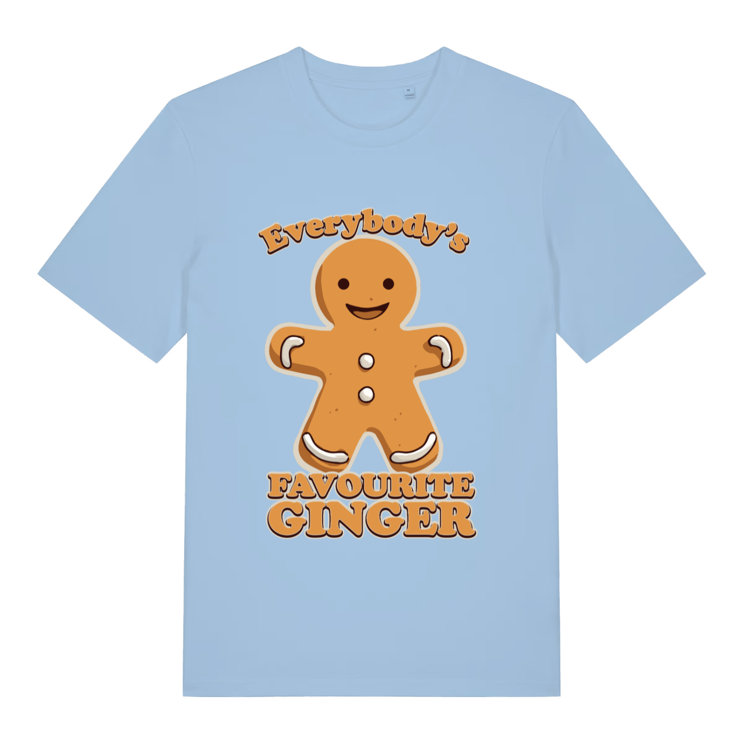 Light Blue women's Everybody's Favourite Ginger T-shirt flat lay displaying festive gingerbread artwork