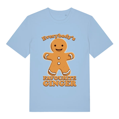 Light Blue women's Everybody's Favourite Ginger T-shirt flat lay displaying festive gingerbread artwork
