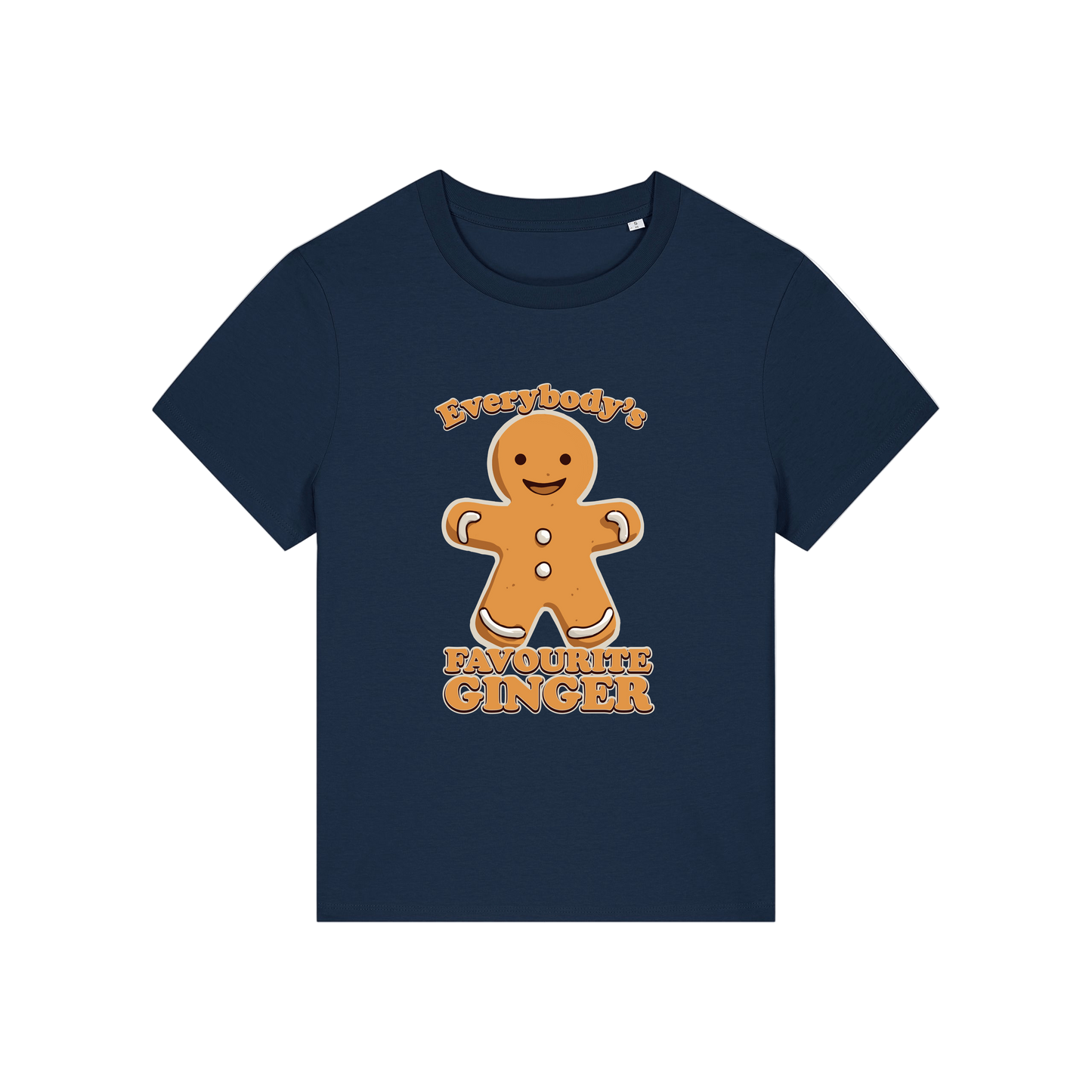 navy christmas graphic t-shirt with a gingerbread man and the slogan 'everybody's favourite ginger'