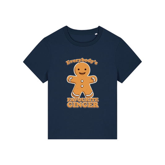 navy christmas graphic t-shirt with a gingerbread man and the slogan 'everybody's favourite ginger'