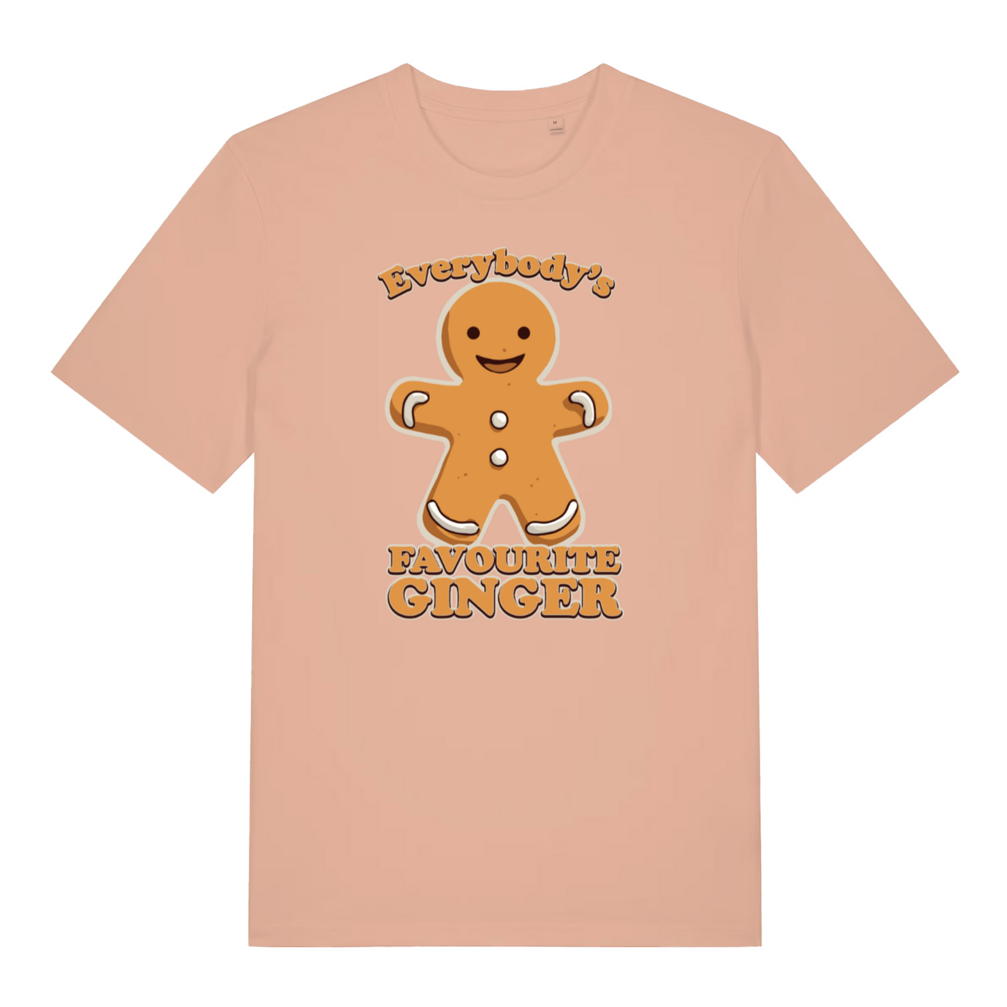 peach women's christmast-shirt with the graphic of a gingerbread man and the slogan 'everybody's favourite ginger'
