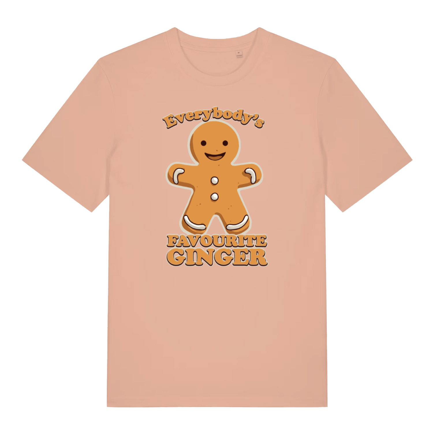 peach women's christmast-shirt with the graphic of a gingerbread man and the slogan 'everybody's favourite ginger'