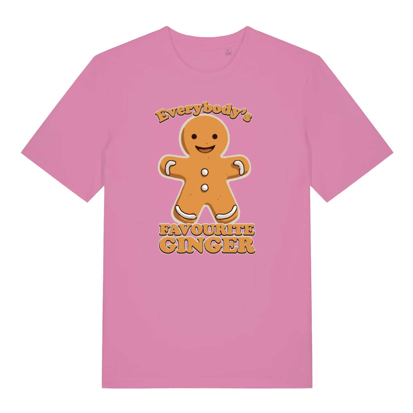 pink women's christmast-shirt with the graphic of a gingerbread man and the slogan 'everybody's favourite ginger'