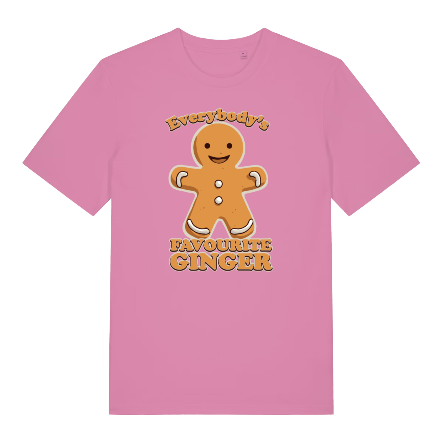 pink women's christmast-shirt with the graphic of a gingerbread man and the slogan 'everybody's favourite ginger'