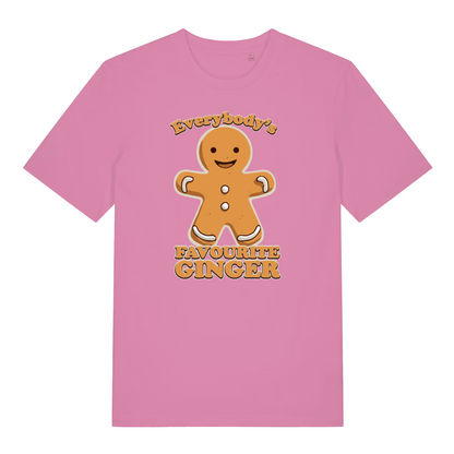 pink women's christmast-shirt with the graphic of a gingerbread man and the slogan 'everybody's favourite ginger'