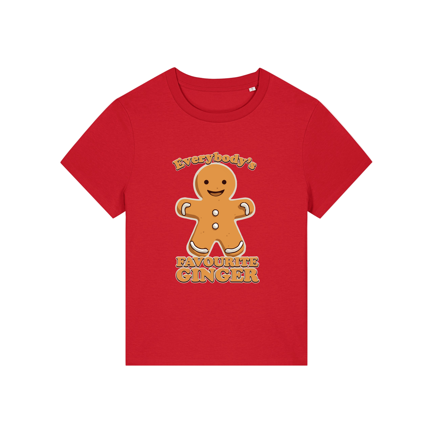 red christmas graphic t-shirt with a gingerbread man and the slogan 'everybody's favourite ginger'
