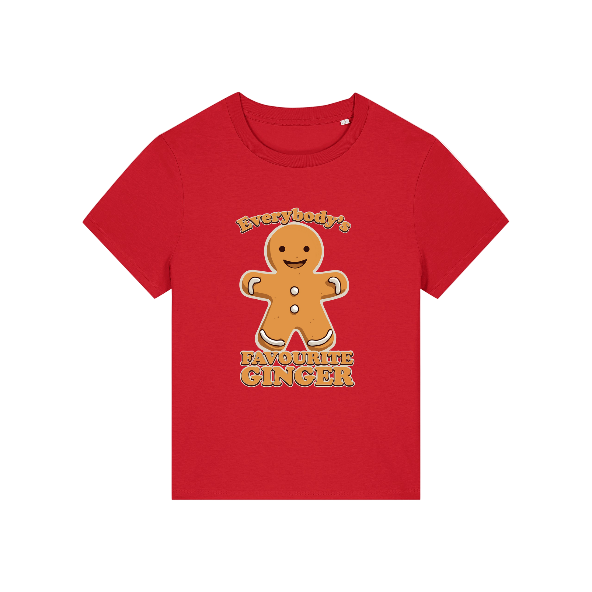 red christmas graphic t-shirt with a gingerbread man and the slogan 'everybody's favourite ginger'