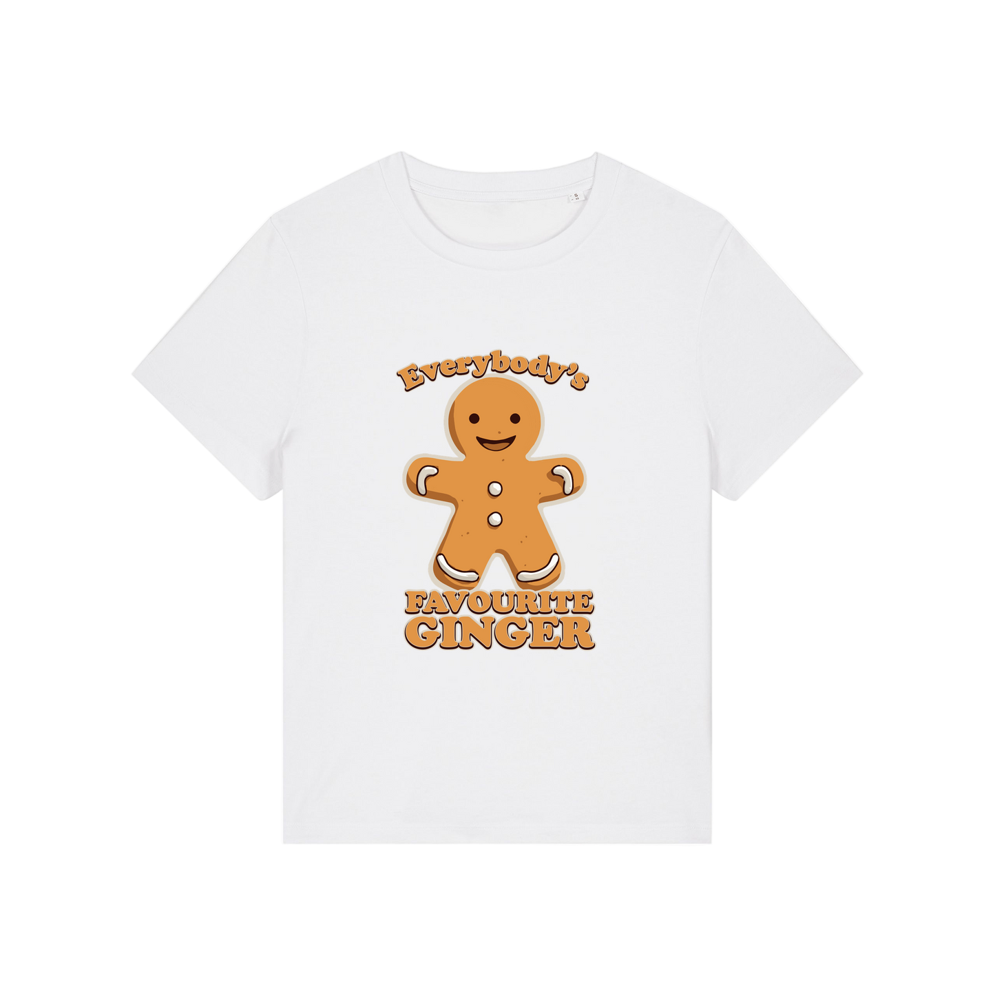 white christmas graphic t-shirt with a gingerbread man and the slogan 'everybody's favourite ginger'