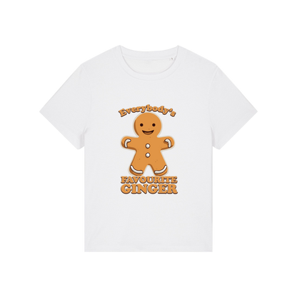 white christmas graphic t-shirt with a gingerbread man and the slogan 'everybody's favourite ginger'