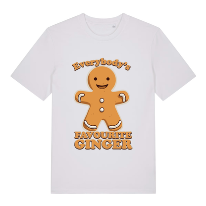 White women's Everybody's Favourite Ginger T-shirt flat lay with smiling gingerbread man and slogan