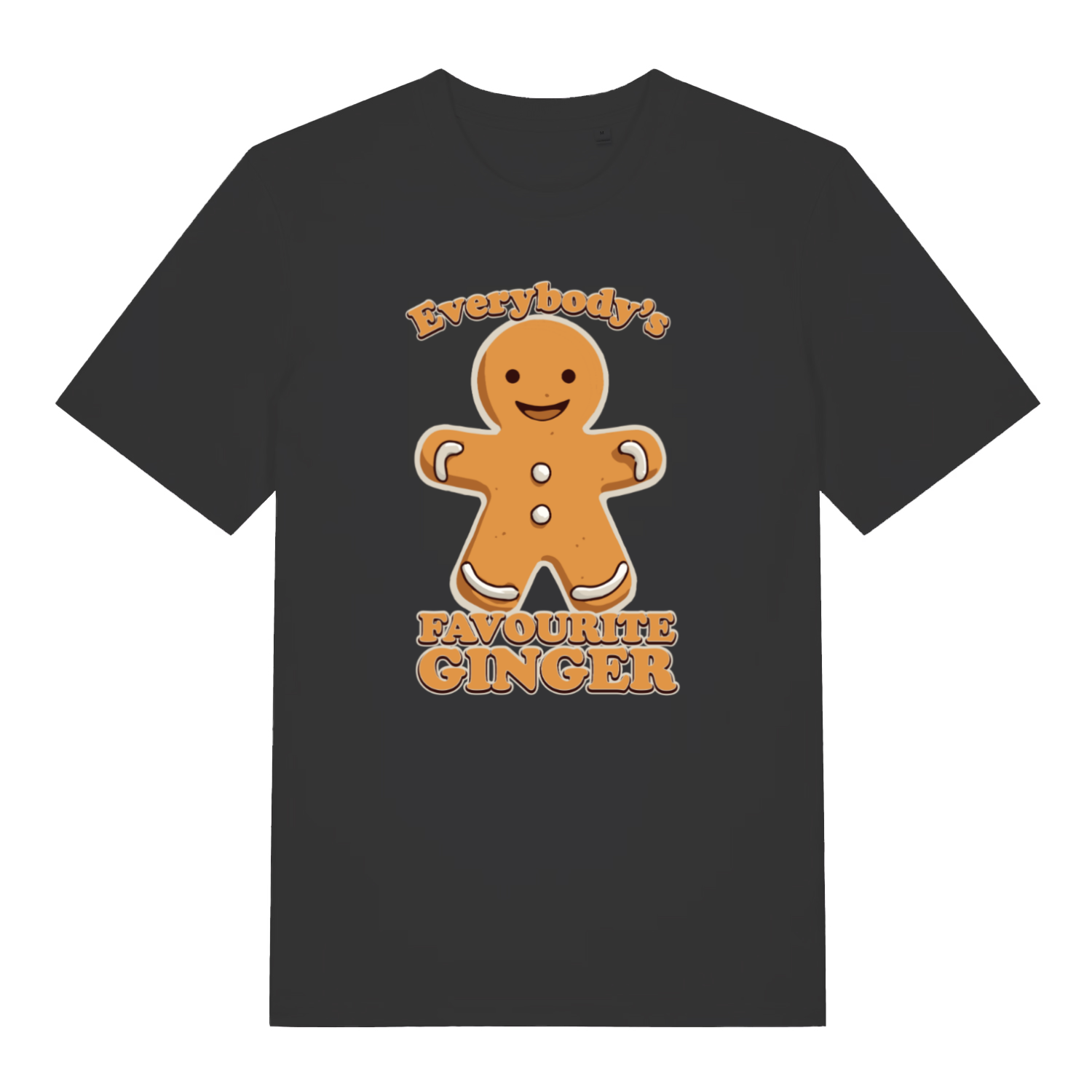 black christmas t-shirt with the graphic of a gingerbread man and the slogan 'everybody's favourite ginger'