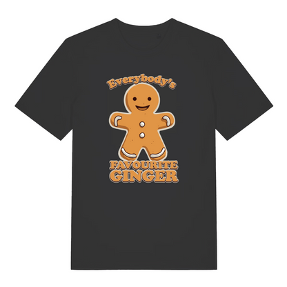 black christmas t-shirt with the graphic of a gingerbread man and the slogan 'everybody's favourite ginger'