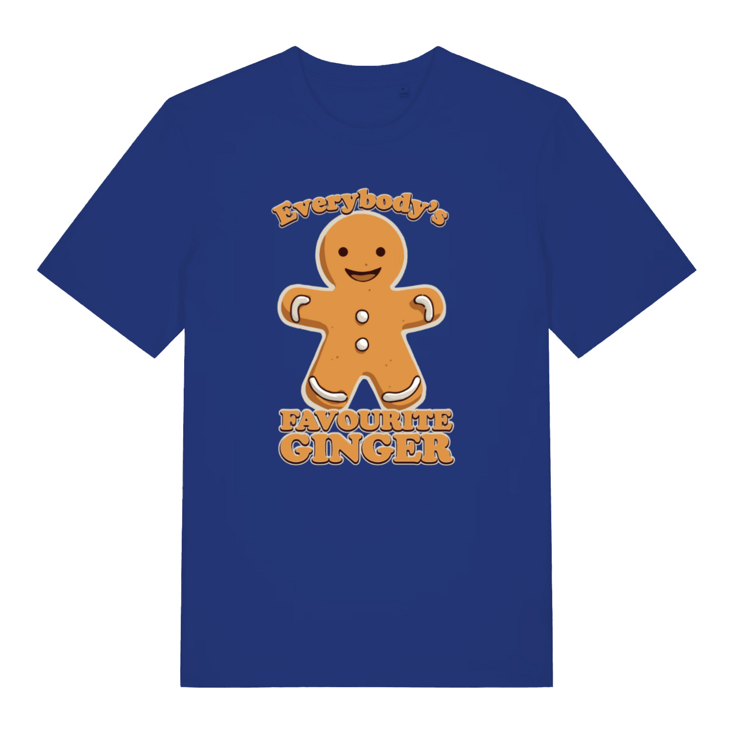 blue christmas t-shirt with the graphic of a gingerbread man and the slogan 'everybody's favourite ginger'
