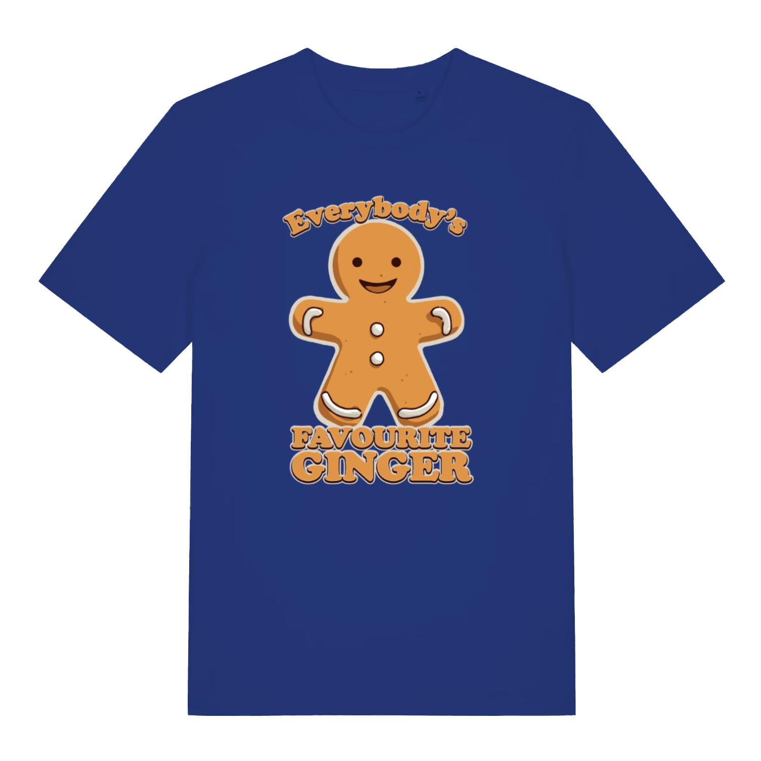 blue christmas t-shirt with the graphic of a gingerbread man and the slogan 'everybody's favourite ginger'