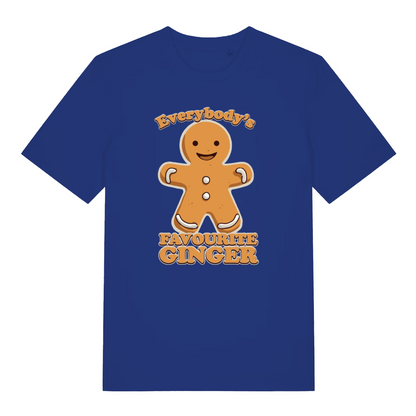 blue christmas t-shirt with the graphic of a gingerbread man and the slogan 'everybody's favourite ginger'