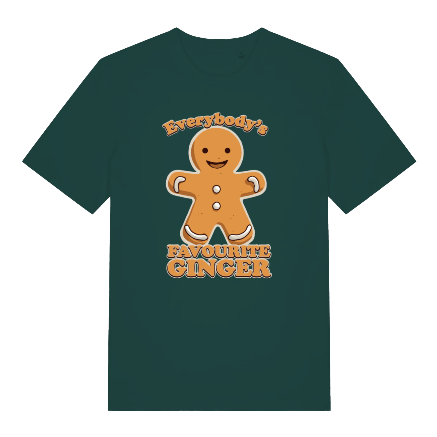 green christmas t-shirt with the graphic of a gingerbread man and the slogan 'everybody's favourite ginger'
