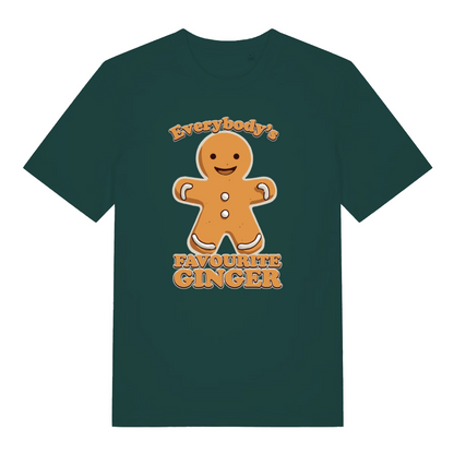 green christmas t-shirt with the graphic of a gingerbread man and the slogan 'everybody's favourite ginger'