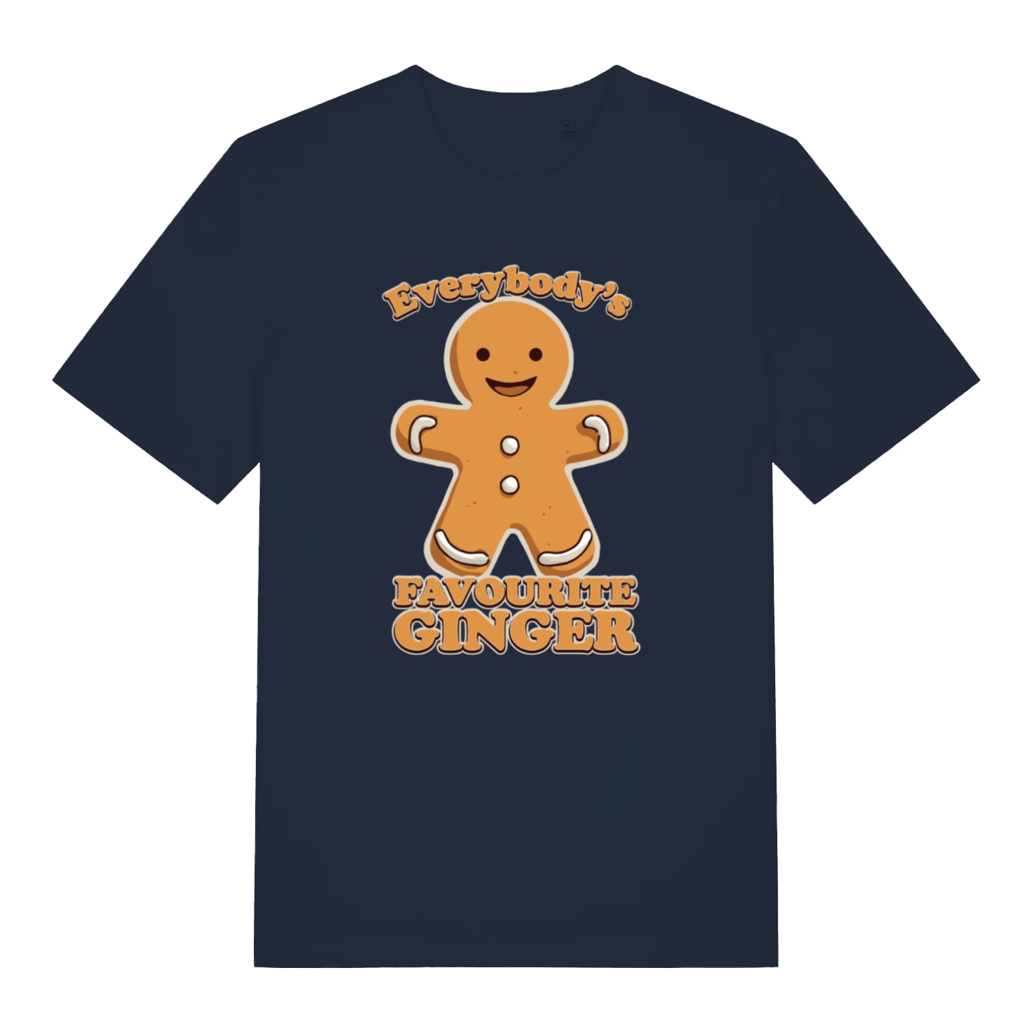 navy christmas t-shirt with the graphic of a gingerbread man and the slogan 'everybody's favourite ginger'