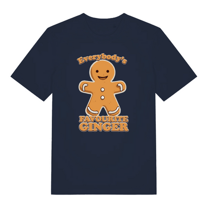 navy christmas t-shirt with the graphic of a gingerbread man and the slogan 'everybody's favourite ginger'