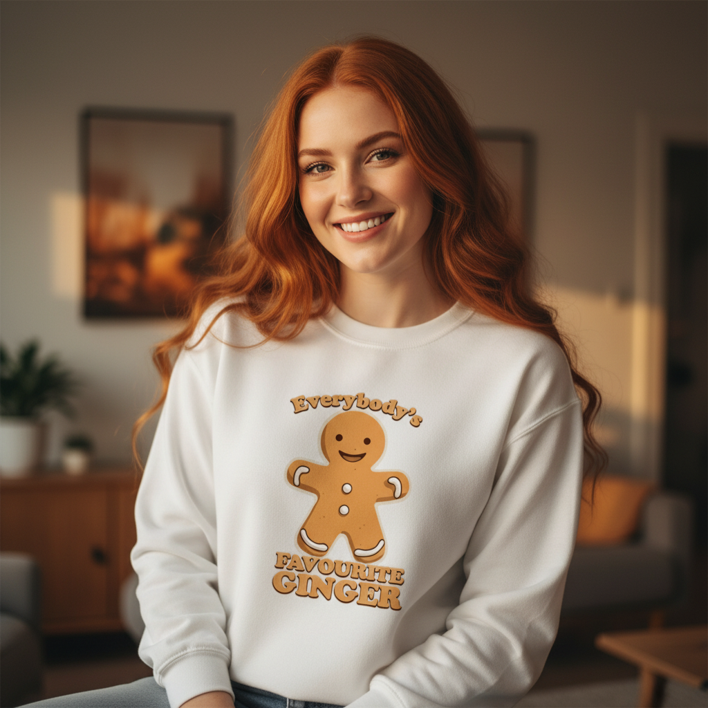 A woman with long red hair smiles warmly, wearing a white sweatshirt featuring a cheerful gingerbread man and the text, "Everybody's Favourite Ginger." The room is cozy and softly lit.
