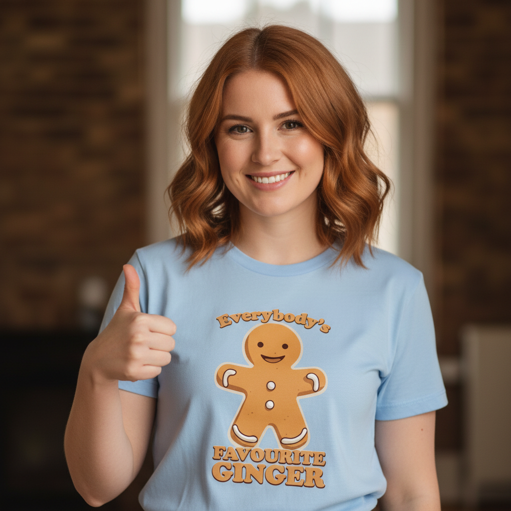 Young woman with red hair smiling, wearing a blue shirt with a gingerbread man and the text "Everybody's Favourite Ginger." She gives a thumbs up.