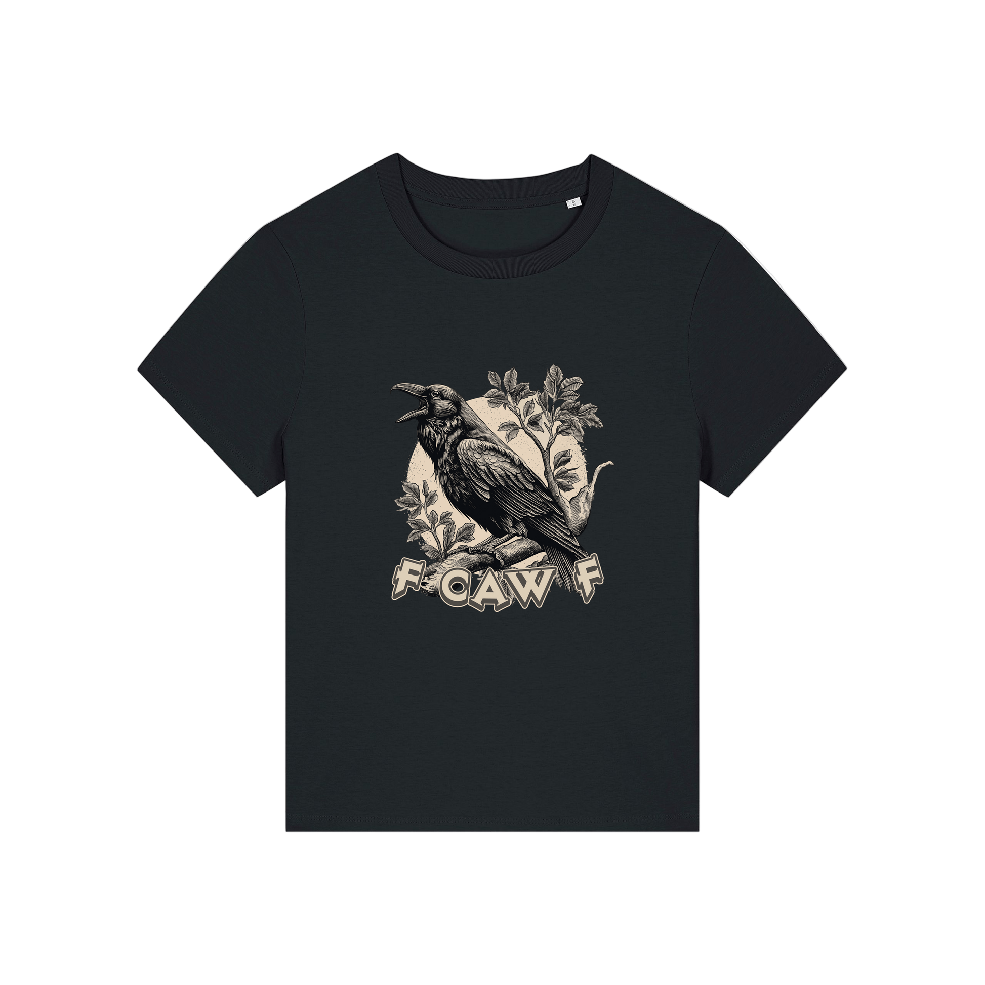 black funny animal t-shirt with the graphic of a crow and the slogan 'fcawf'