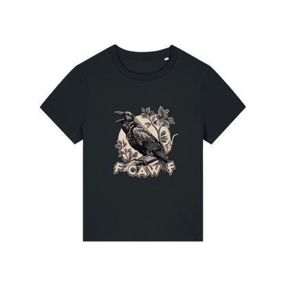 black funny animal t-shirt with the graphic of a crow and the slogan 'fcawf'