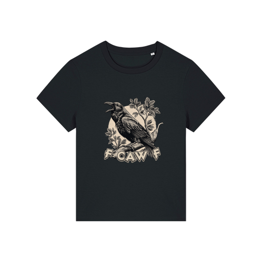 black funny animal t-shirt with the graphic of a crow and the slogan 'fcawf'